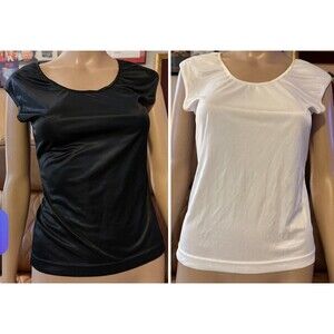 VTG STAY PUT Cap Sleeve Black -white Top Women Size S/M/L Lot 2 Satin Under Top